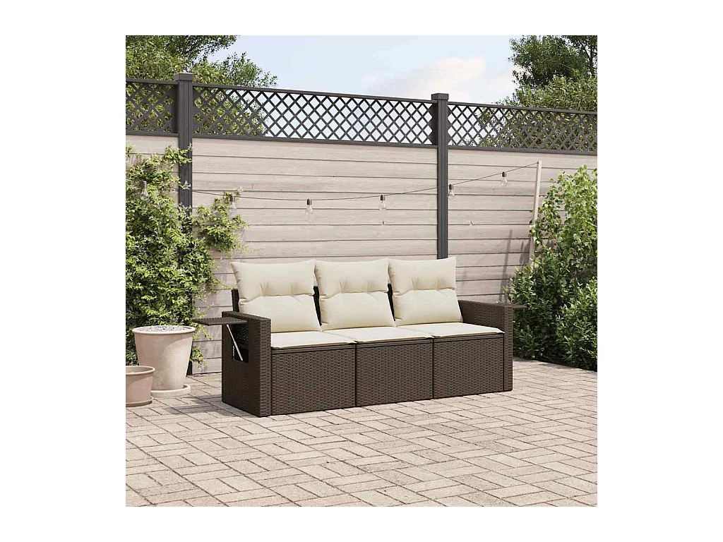 Salon de jardin avec coussins 3 pcs marron résine tressée
