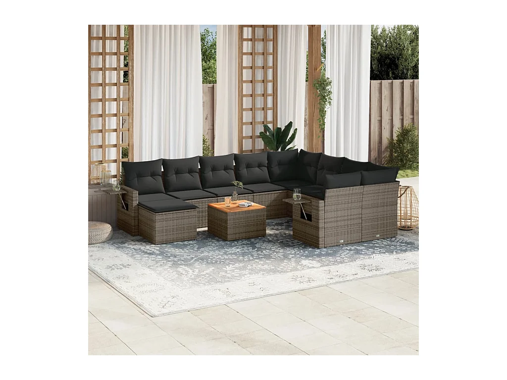 Salon de jardin 11 pcs avec coussins gris résine tressée