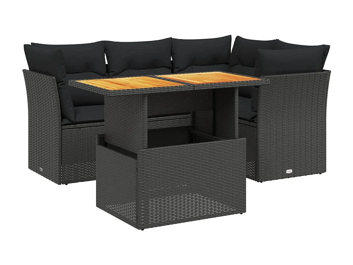 Salon de jardin 5 pcs avec coussins noir résine tressée