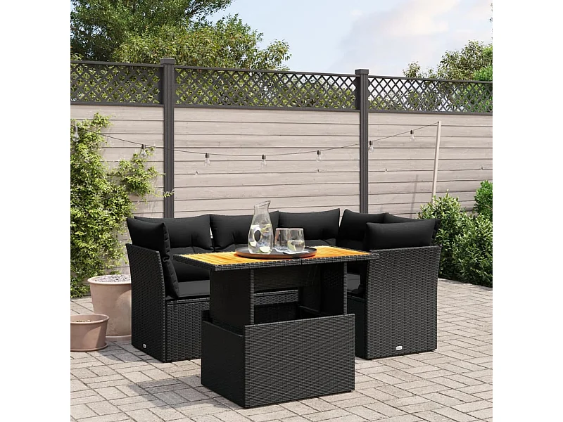 5-delige Loungeset met kussens poly rattan zwart