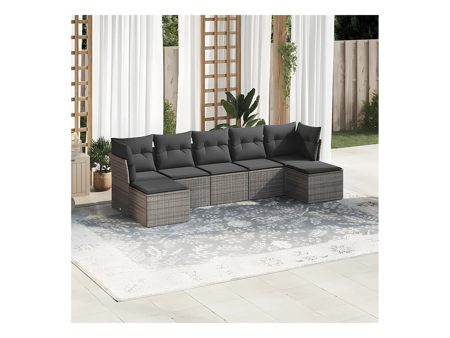 Salon de jardin avec coussins 7 pcs gris résine tressée