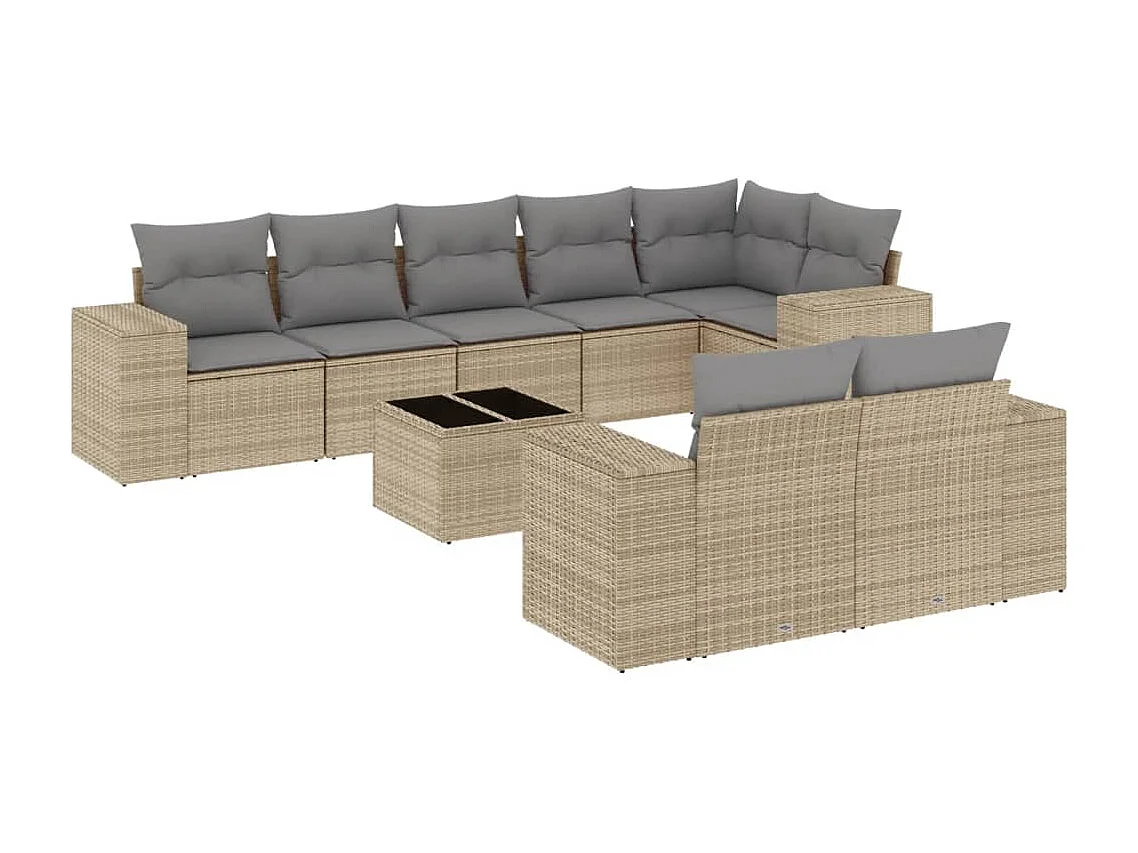 Set Divano da Giardino 9 pz con Cuscini Beige in Polyrattan