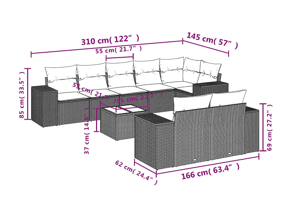 Set Divano da Giardino 9 pz con Cuscini Beige in Polyrattan