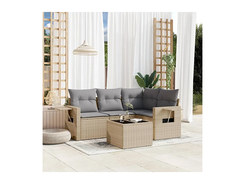 Salon de jardin avec coussins 5 pcs beige résine tressée