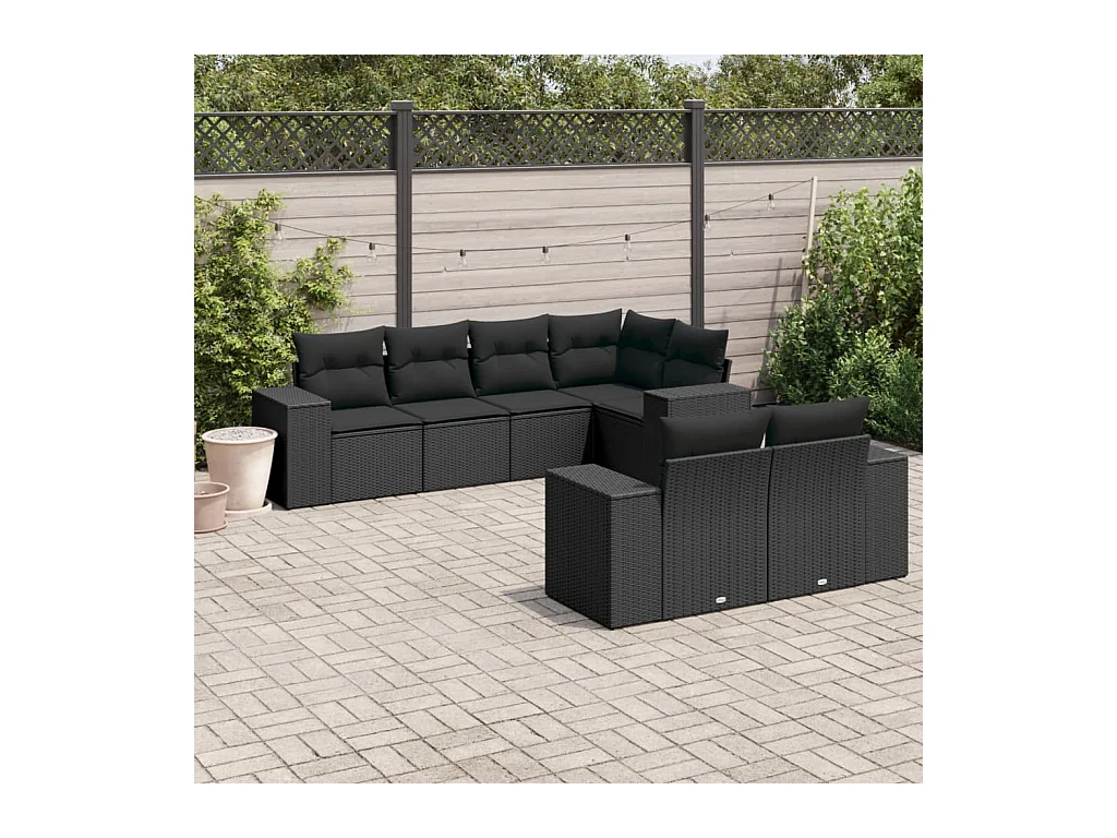 7-delige Loungeset met kussens poly rattan zwart