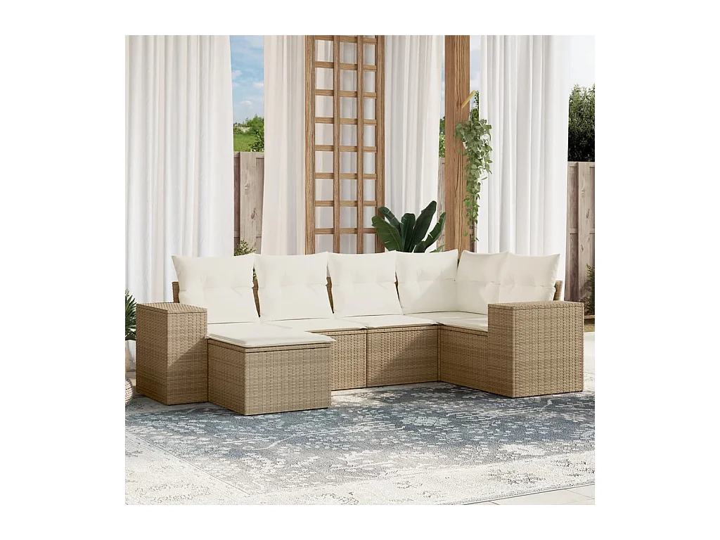 6-delige Loungeset met kussens poly rattan beige