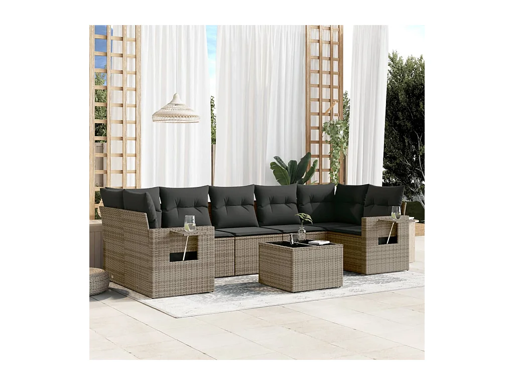 8-tlg. Garten-Sofagarnitur mit Kissen Grau Poly Rattan