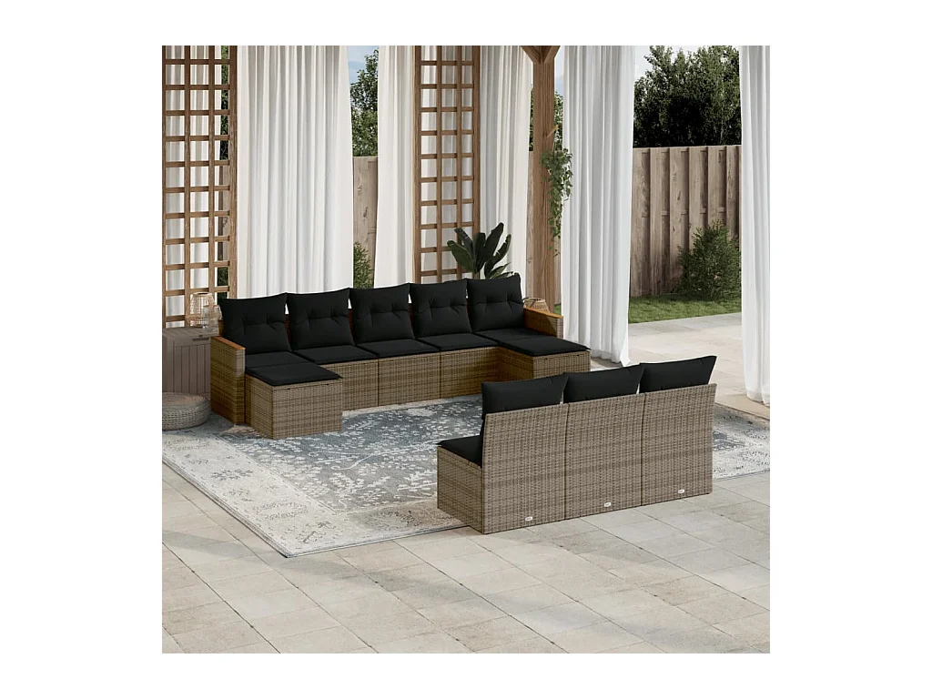 10-tlg. Garten-Sofagarnitur mit Kissen Grau Poly Rattan