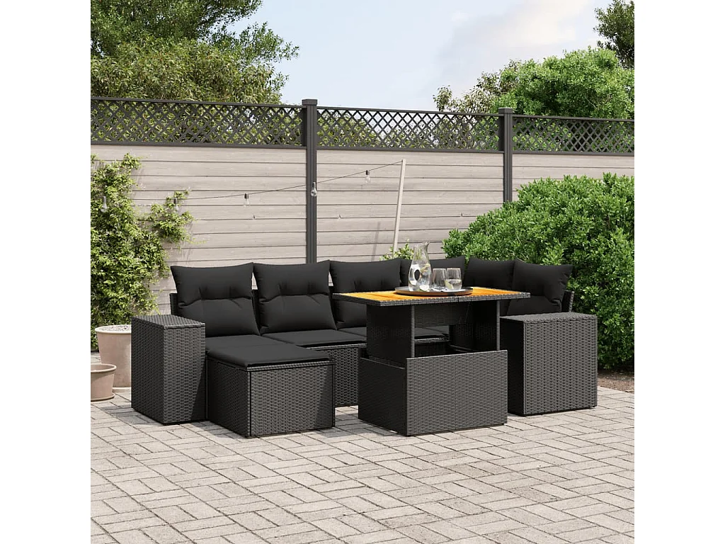 7-tlg. Garten-Sofagarnitur mit Kissen Schwarz Poly Rattan