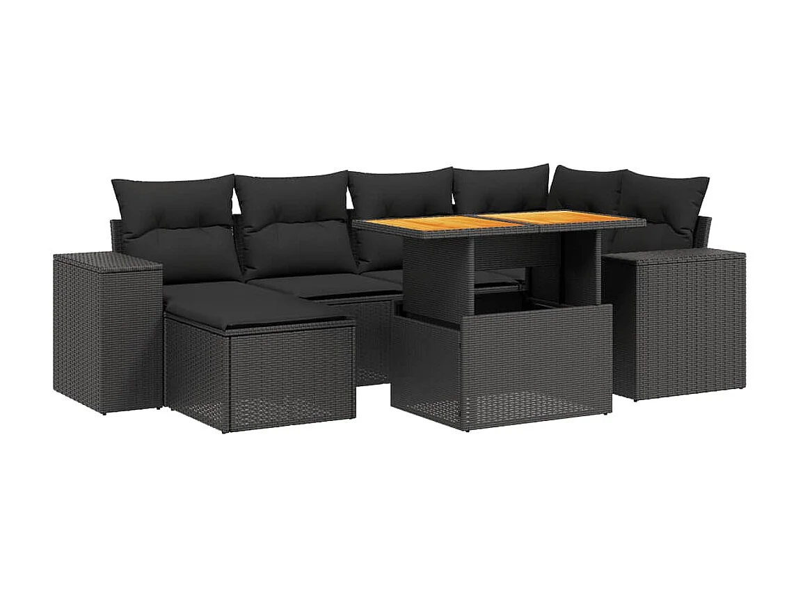 7-tlg. Garten-Sofagarnitur mit Kissen Schwarz Poly Rattan