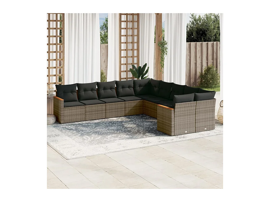 Set Divano da Giardino 10 pz con Cuscini Grigio in Polyrattan