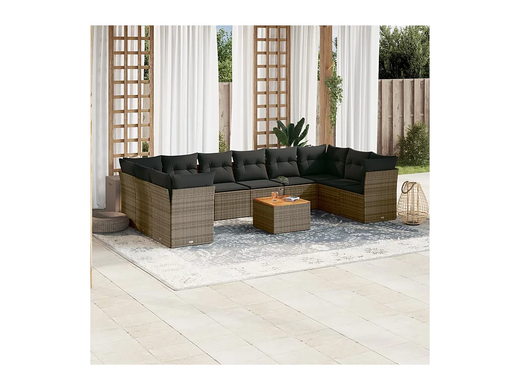 Salon de jardin 11 pcs avec coussins gris résine tressée