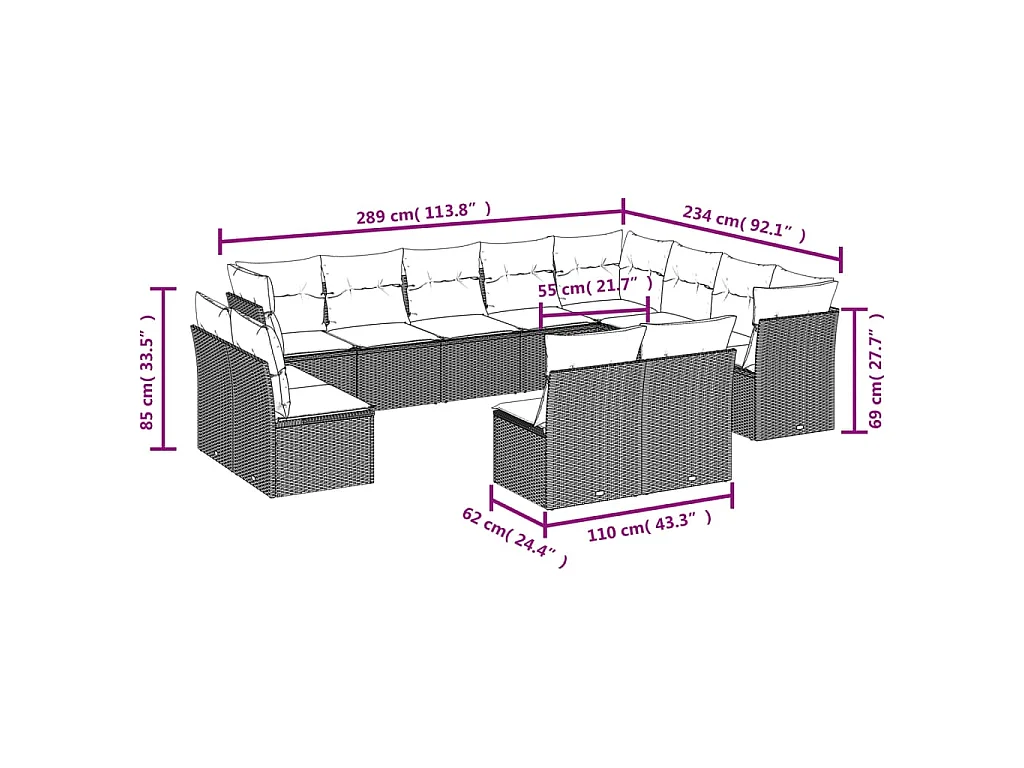 12-tlg. Garten-Sofagarnitur mit Kissen Braun Poly Rattan