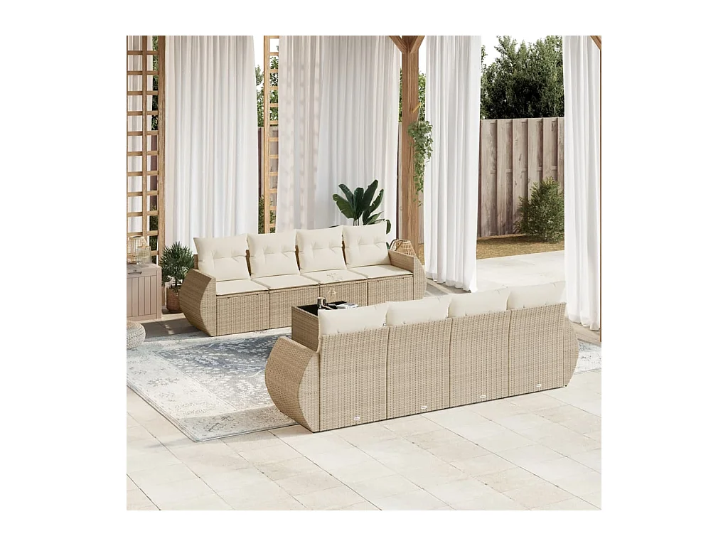 Salon de jardin avec coussins 9 pcs beige résine tressée