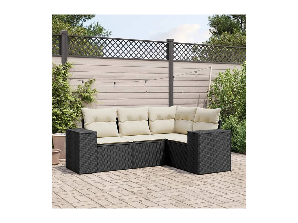 4-delige Loungeset met kussens poly rattan zwart