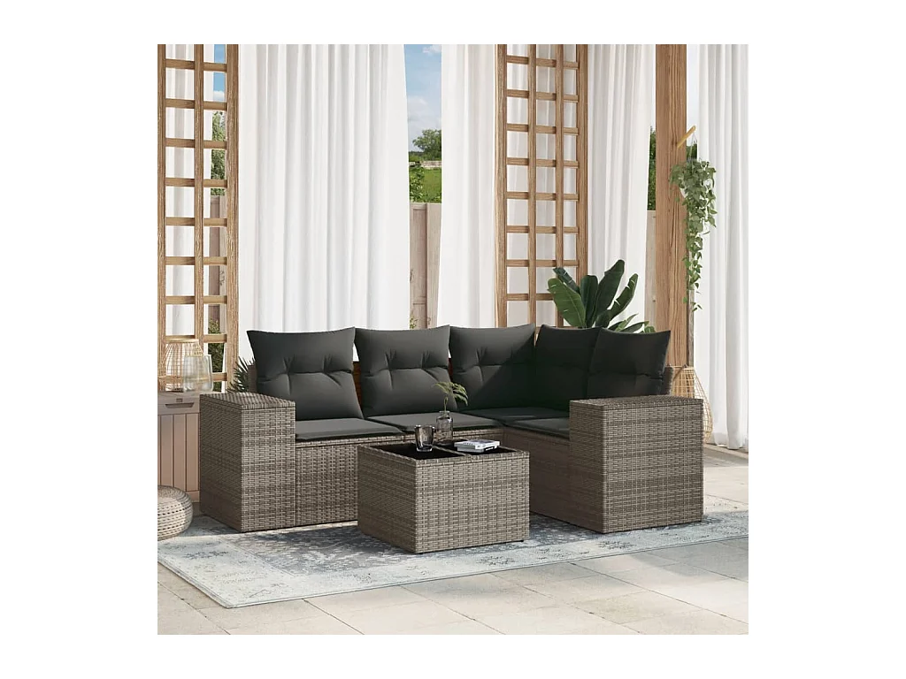 Salon de jardin 5 pcs avec coussins gris résine tressée