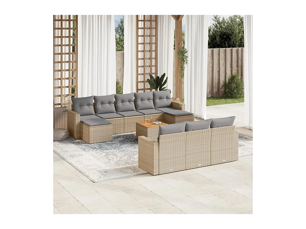 Salon de jardin et coussins 11 pcs mélange beige résine tressée