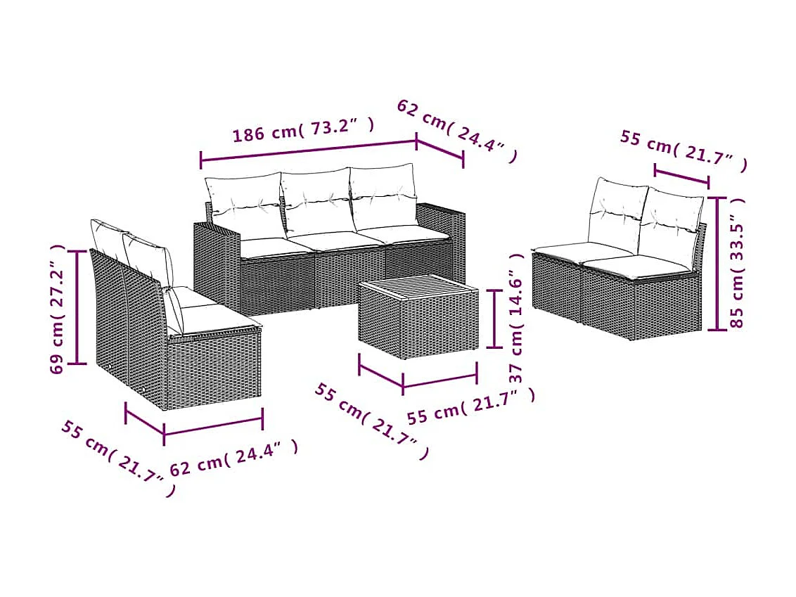 Salon de jardin 8 pcs avec coussins noir résine tressée