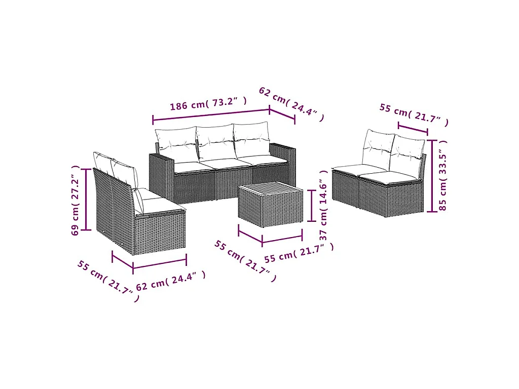 8-delige Loungeset met kussens poly rattan zwart