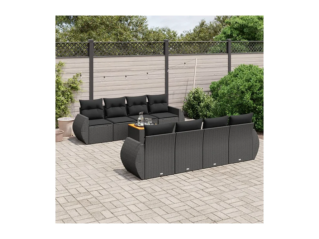 Salon de jardin 9 pcs avec coussins noir résine tressée