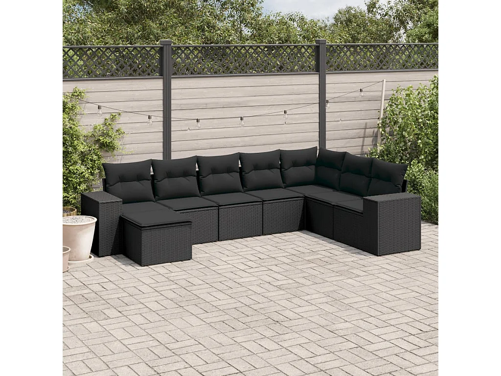 8-delige Loungeset met kussens poly rattan zwart