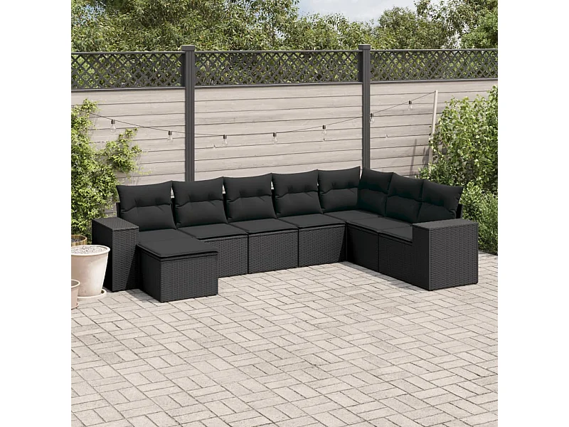 Salon de jardin 8 pcs avec coussins noir résine tressée