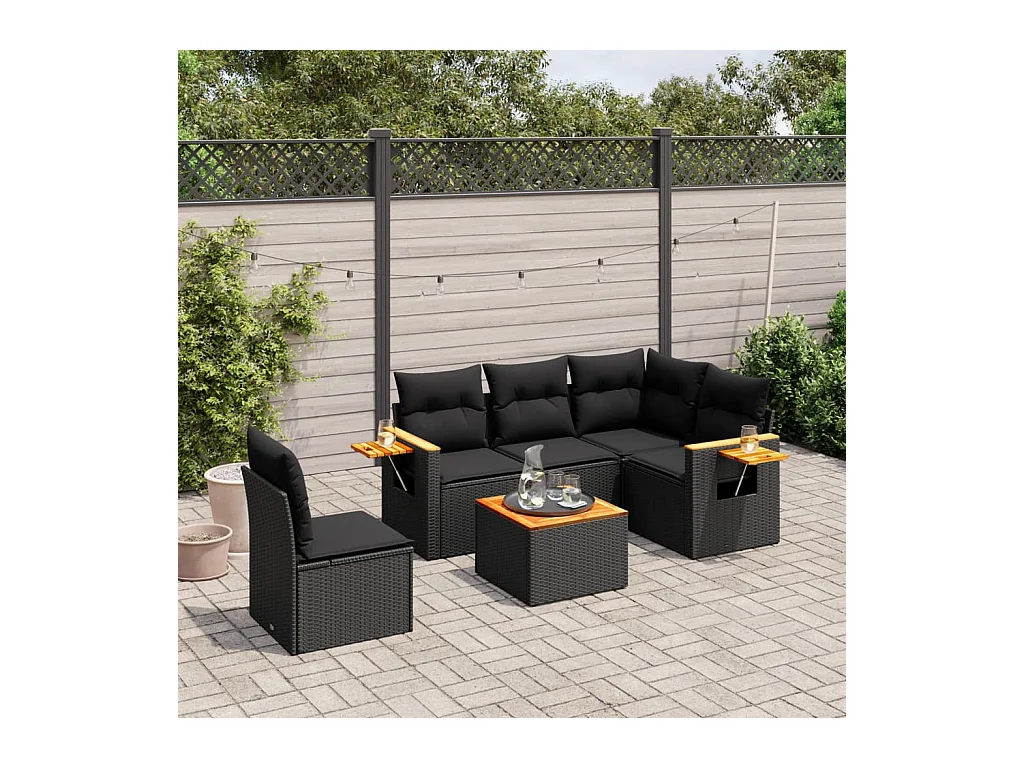 Set Divano da Giardino 6 pz con Cuscini Nero in Polyrattan
