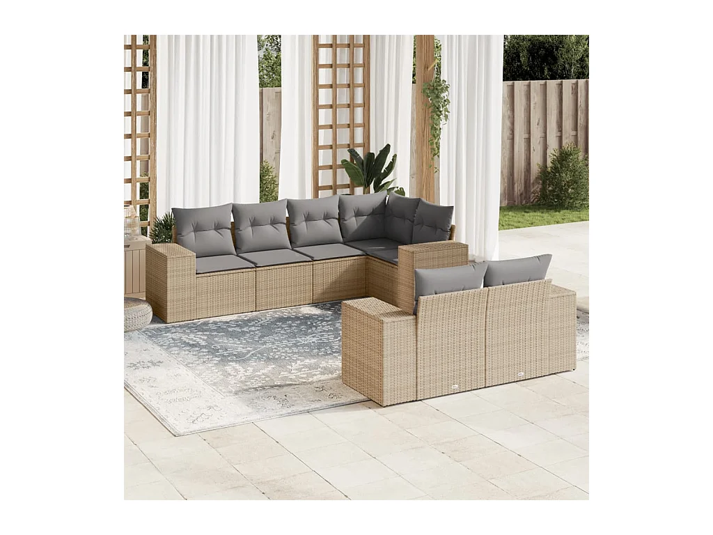 7-delige Loungeset met kussens poly rattan beige