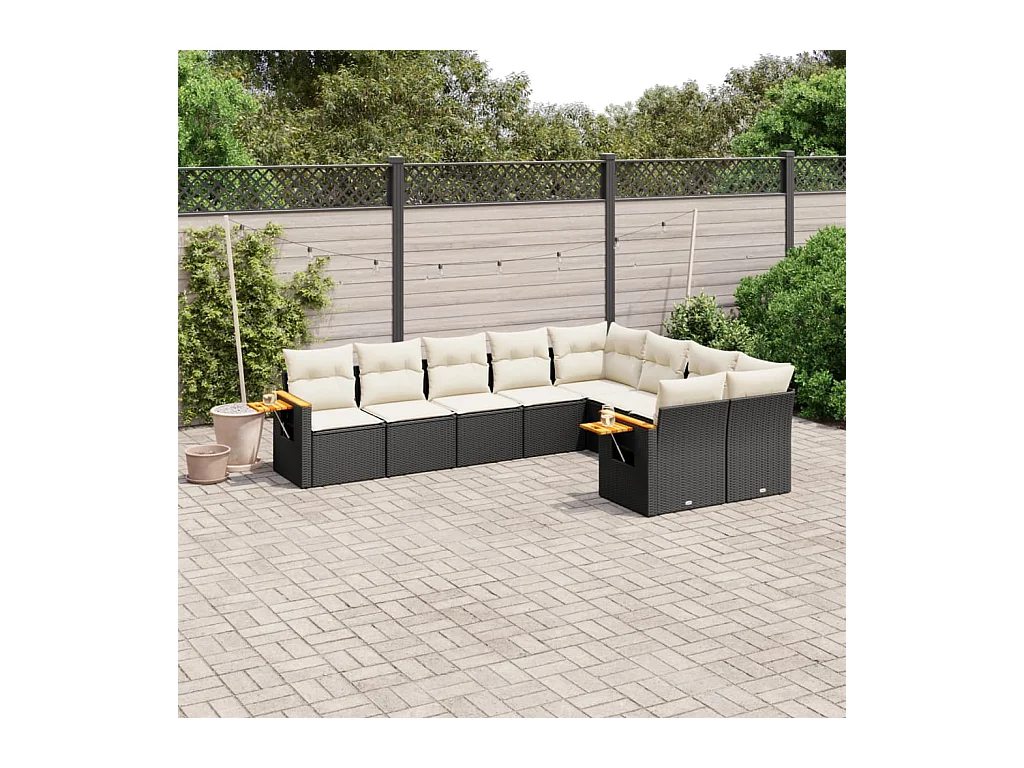 Salon de jardin 9 pcs avec coussins noir résine tressée
