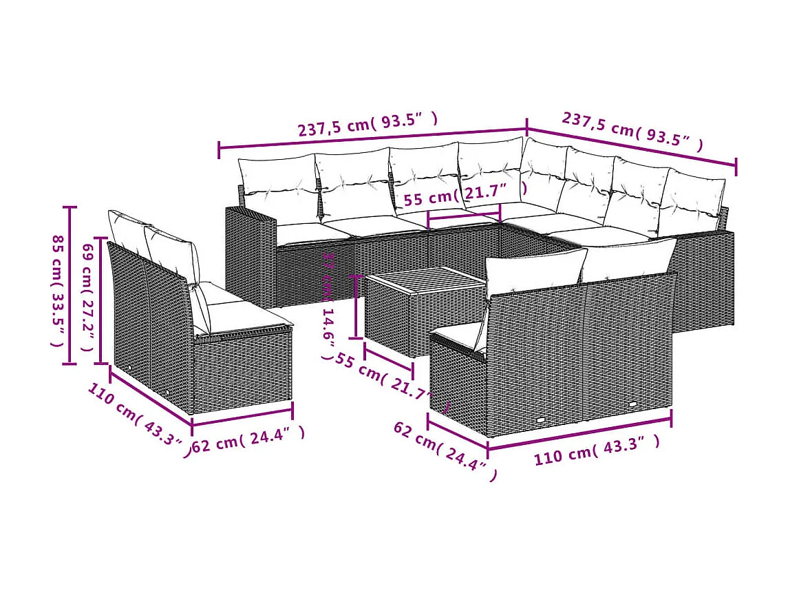 Salon de jardin 12 pcs avec coussins noir résine tressée