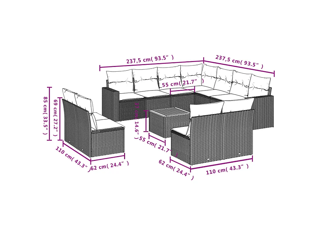 12-tlg. Garten-Sofagarnitur mit Kissen Schwarz Poly Rattan