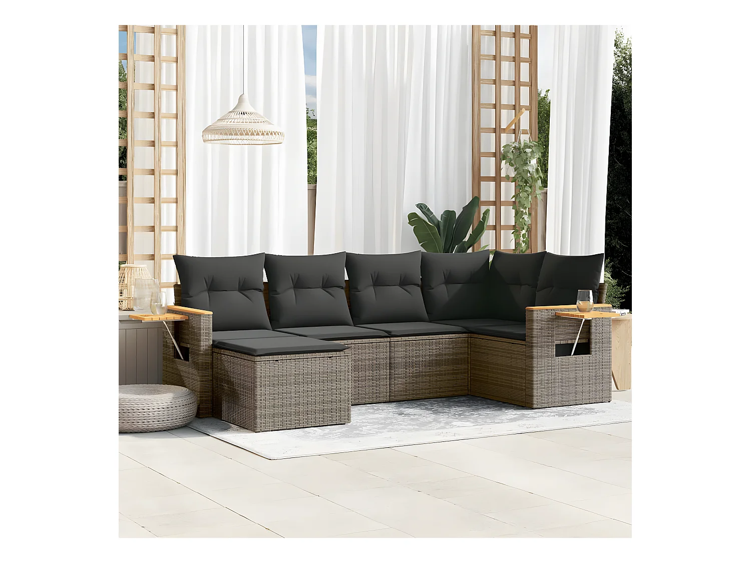 Salon de jardin 6 pcs avec coussins gris résine tressée