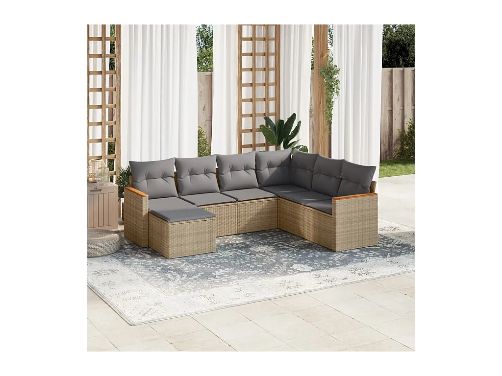 7-tlg. Garten-Sofagarnitur mit Kissen Beige Poly Rattan