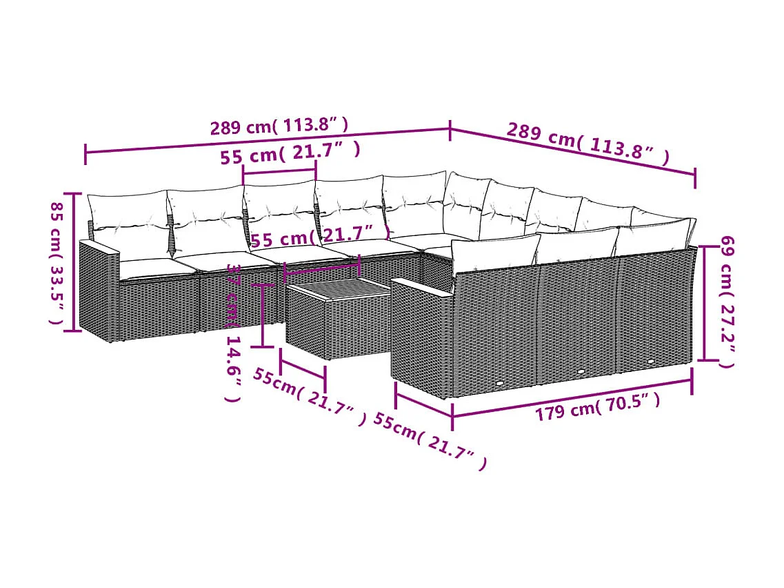 12-tlg. Garten-Sofagarnitur mit Kissen Schwarz Poly Rattan