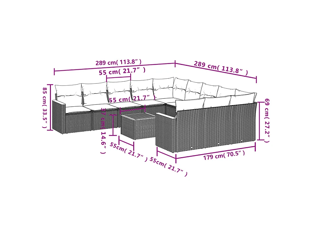 Set Divani da Giardino 12 pz con Cuscini Nero in Polyrattan