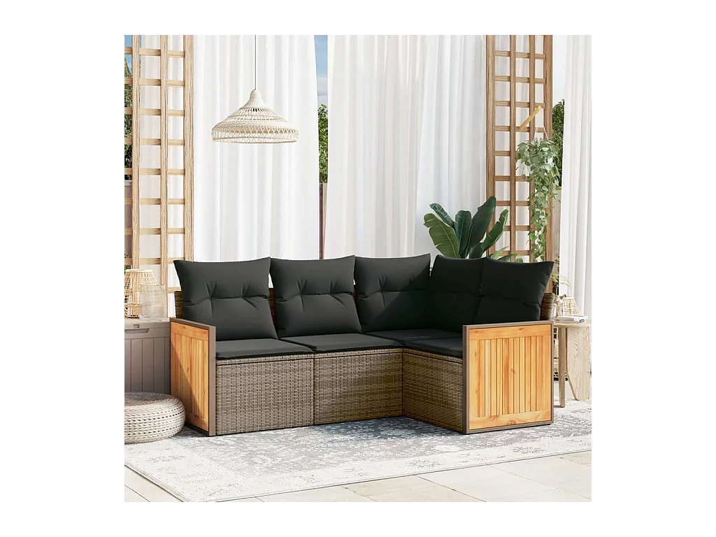 Salon de jardin 4 pcs avec coussins gris résine tressée