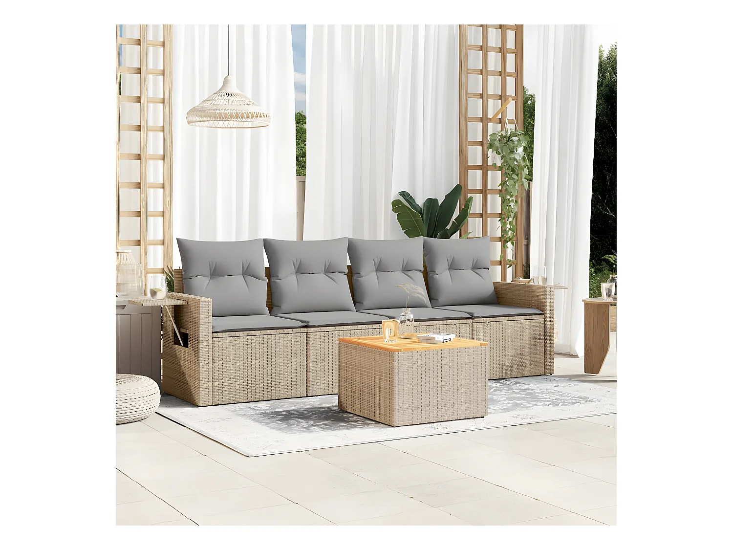 Set Divano da Giardino 5 pz con Cuscini Beige Misto Polyrattan