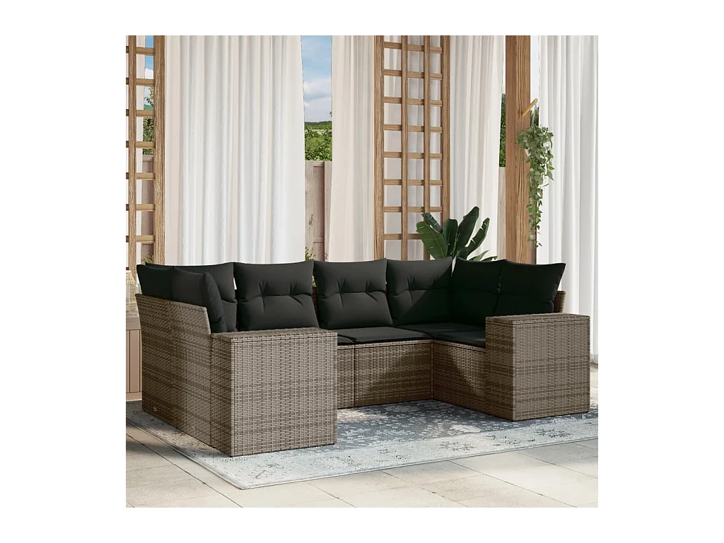 6-delige Loungeset met kussens poly rattan grijs
