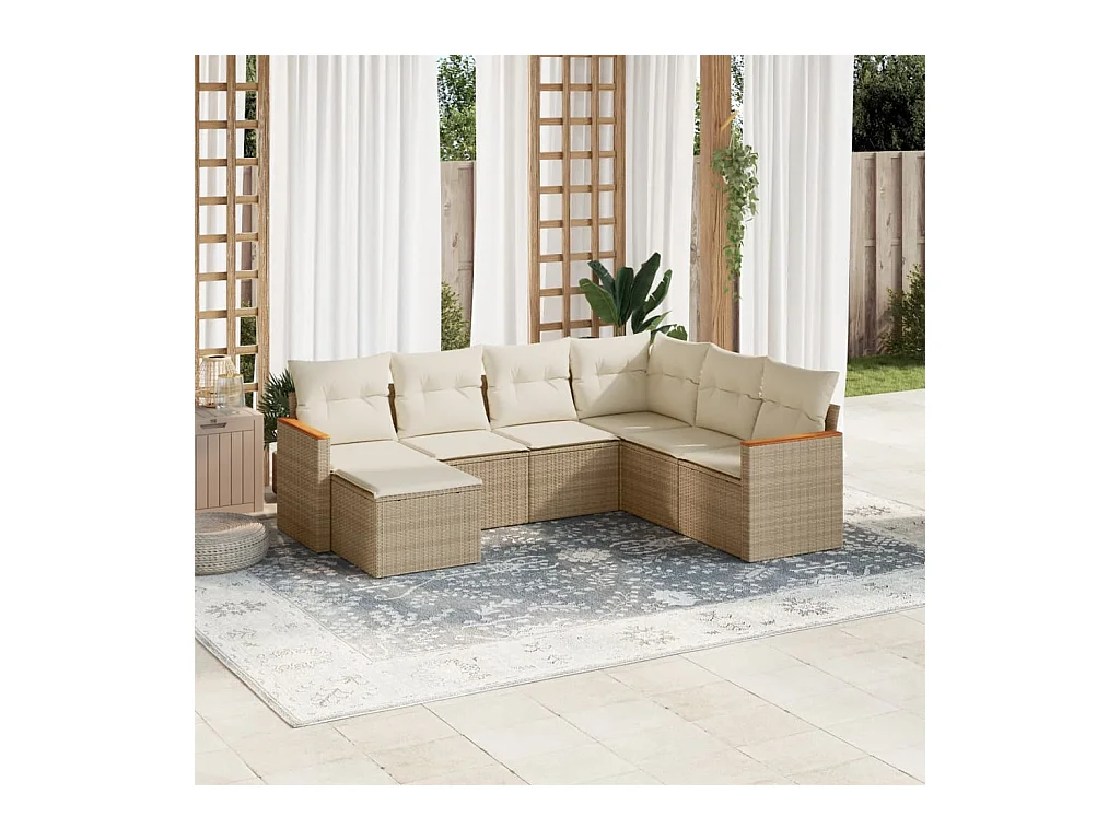 Salon de jardin avec coussins 7 pcs beige résine tressée