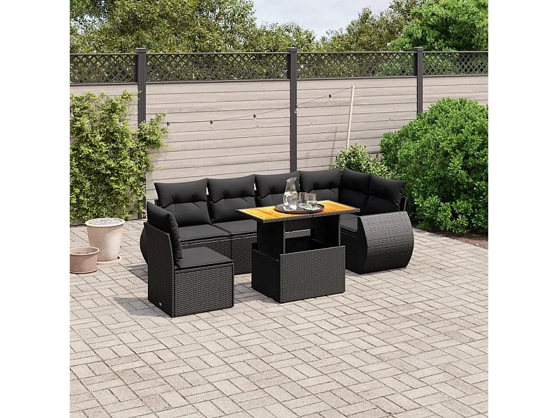 Salon de jardin 7 pcs avec coussins noir résine tressée