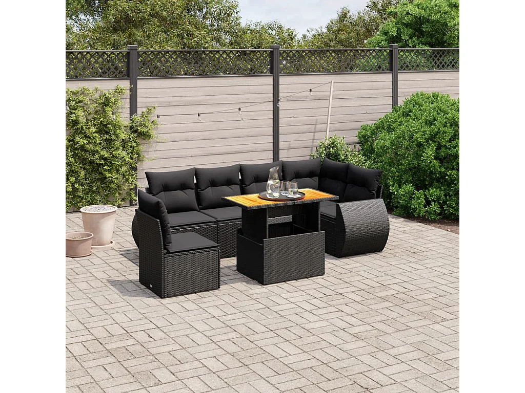 Salon de jardin 7 pcs avec coussins noir résine tressée