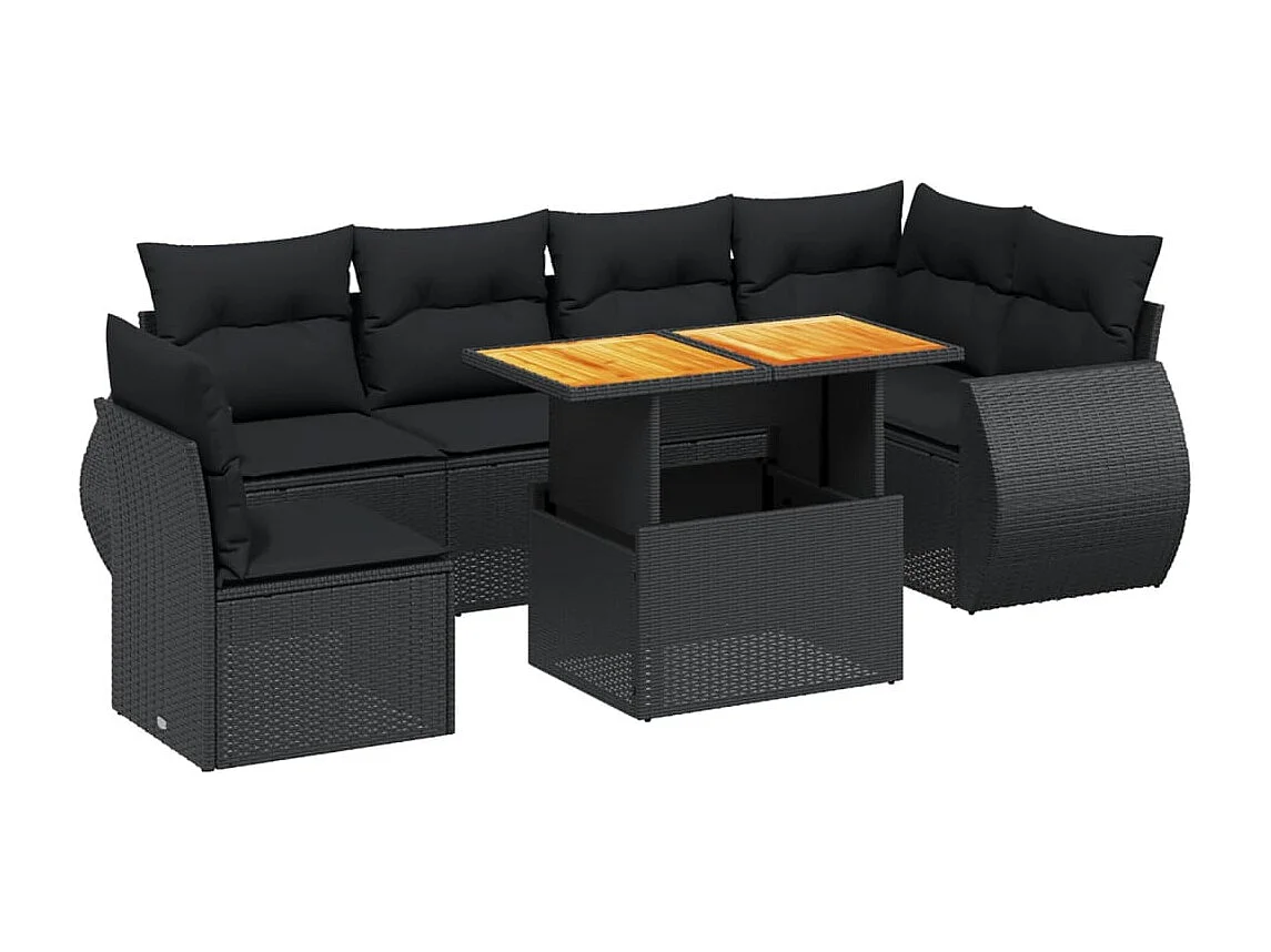 Salon de jardin 7 pcs avec coussins noir résine tressée