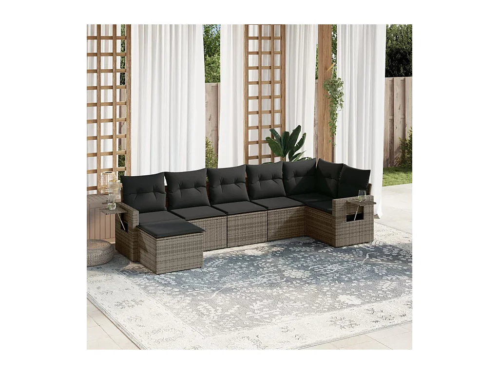 Salon de jardin avec coussins 7 pcs gris résine tressée