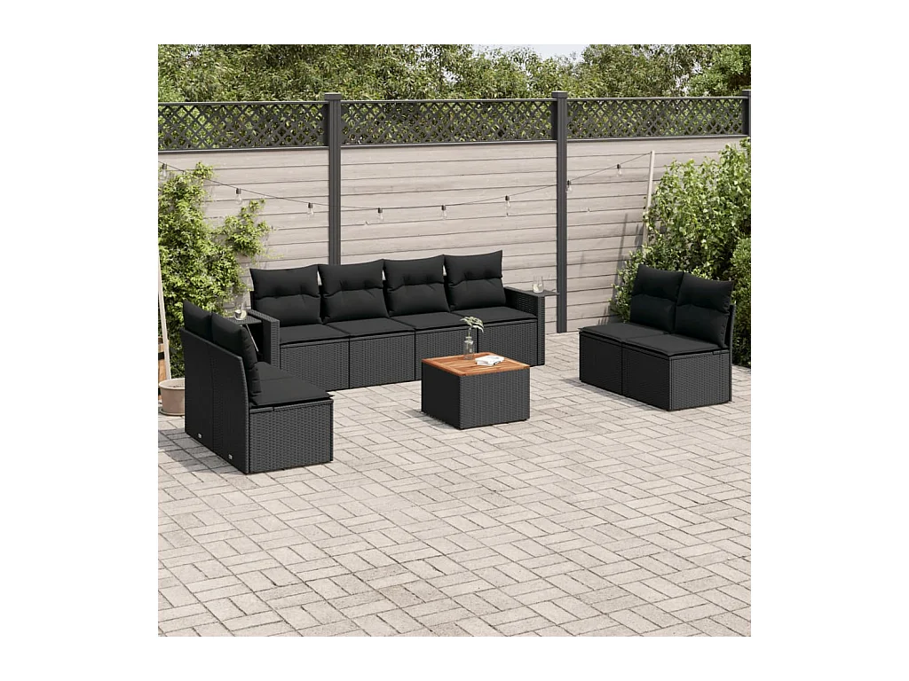 Set Divani da Giardino 9 pz con Cuscini Nero in Polyrattan