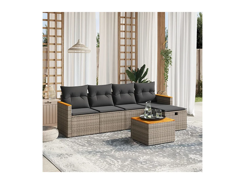 Salon de jardin 6 pcs avec coussins gris résine tressée