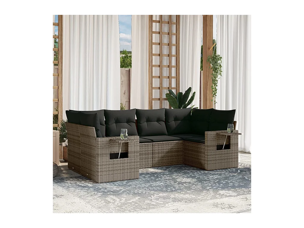 6-delige Loungeset met kussens poly rattan grijs