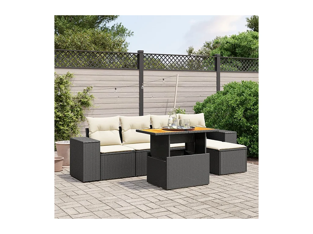 Salon de jardin 6 pcs avec coussins noir résine tressée