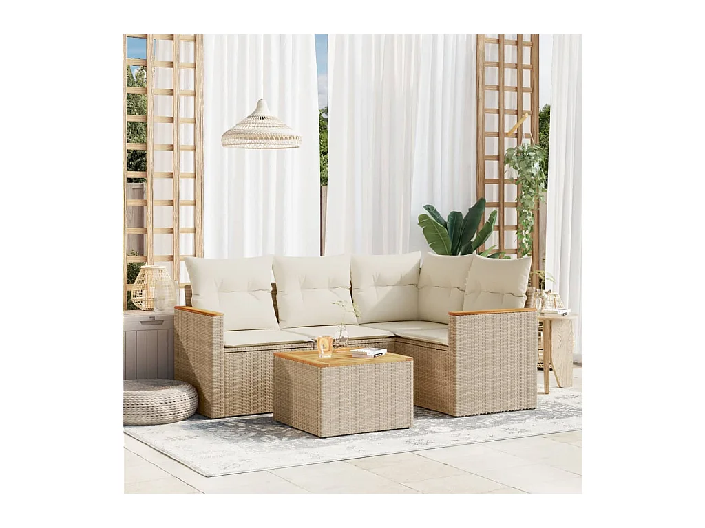 Set Divano da Giardino 5 pz con Cuscini Beige in Polyrattan