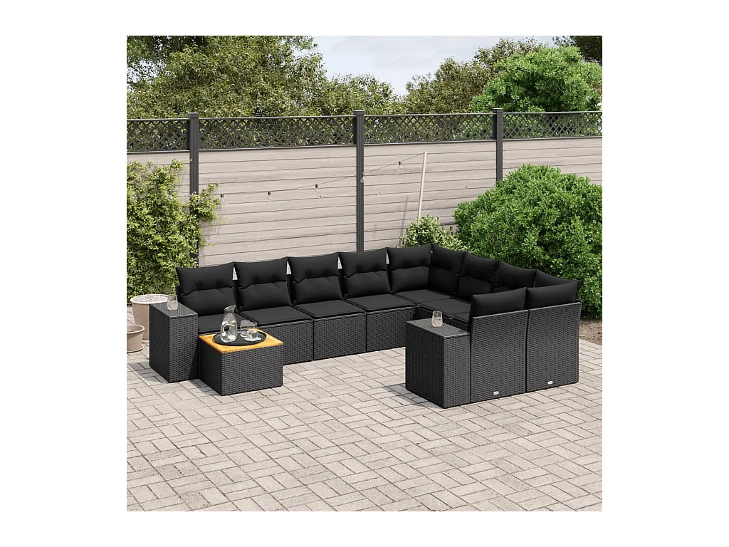 Set Divani da Giardino 10pz con Cuscini in Polyrattan Nero