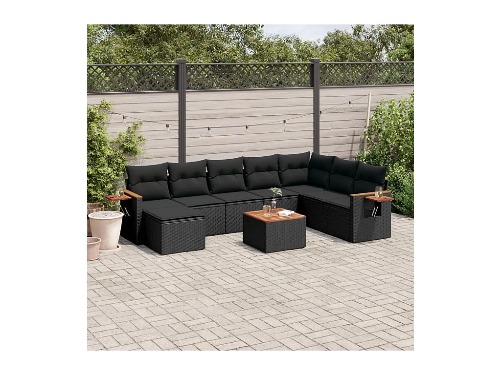 Salon de jardin 9 pcs avec coussins noir résine tressée